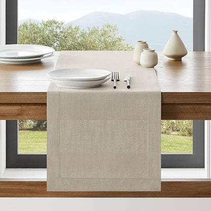 Linen Textured Border Table Runner, 14 x 108 Inch Natural | Mitered Corner by ZEEMARTONLINE