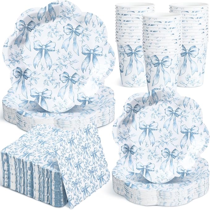 250 Pcs Blue Floral Disposable Paper Plates and Napkins | Bow Coquette by Newtay
