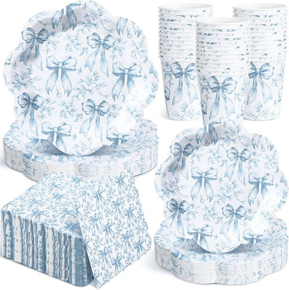 250 Pcs Blue Floral Disposable Paper Plates and Napkins | Bow Coquette by Newtay
