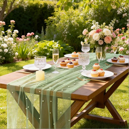 Pearl Table Runner Summer Tulle Gauze Sheer Wedding Party Home Decor | Sage - Image 6