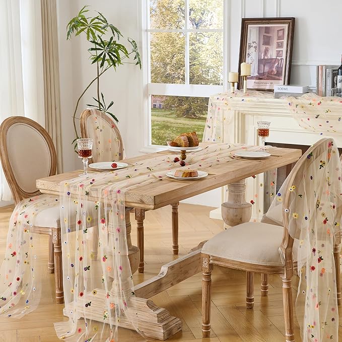 BINBE 1pcs Champagne Daisy Spring Table Runner Embroidery Gauze 10FT Florals - Image 6