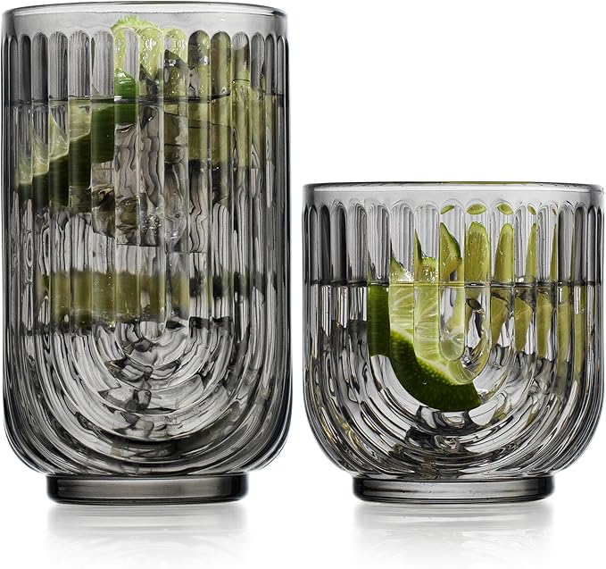 16 Piece Smoke Glassware Set, Beautiful Art Deco Black Drinking Glasses by Glavers