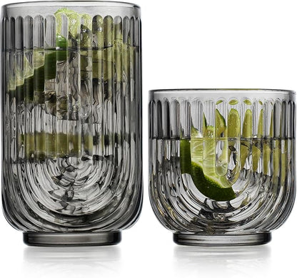 16 Piece Smoke Glassware Set, Beautiful Art Deco Black Drinking Glasses by Glavers
