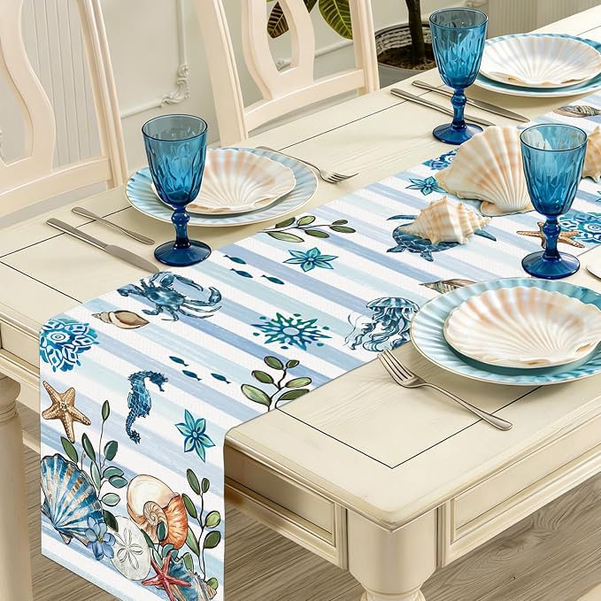 Summer Ocean Beach Shells Table Runner Watercolor Sea Turtle Burlap Table - Image 9