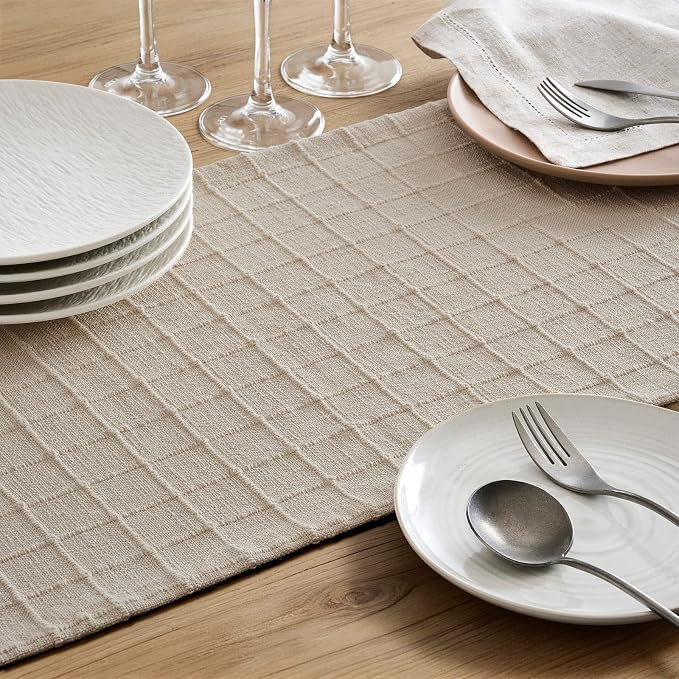 Artisanal Grid Linen Table Runner, 13x48 Inches Neutral Beige | Heavy Textured - Image 6