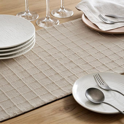 Artisanal Grid Linen Table Runner, 13x48 Inches Neutral Beige | Heavy Textured - Image 6