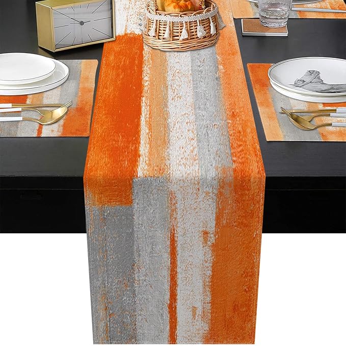 Table Runner and Placemats Set of 6, Abstract | Painting Orange Grey Art Dining - Image 5