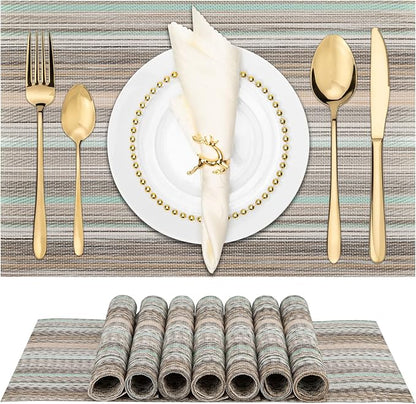 Winknowl Placemats Set of 8, Heat Resistant Non-Slip Vinyl Woven Table Mats for Dining Table, Washable Durable Elegant Place Mats for Kitchen Indoor/Outdoor Use (Teal Green)
