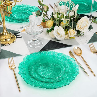 U-QE 60PCS Green Plastic Plates - Clear Plastic Plates Disposable Heavy Duty - Green Disposable Plates Include 30PCS 10inch & 30PCS 7inch for Party&Wedding