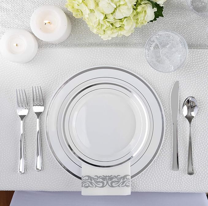 125-Piece White and Silver Fancy Plastic Plates Disposable - Image 4