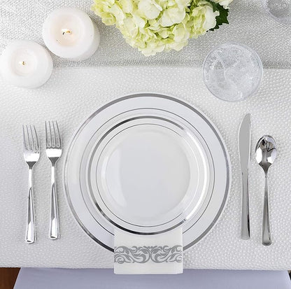 125-Piece White and Silver Fancy Plastic Plates Disposable - Image 4