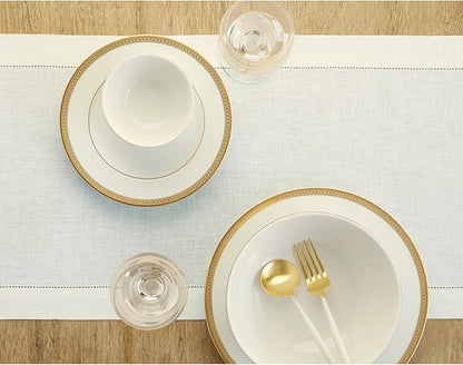 Solino Home Linen Ivory Table Runner 132 Inches Long - 100% Pure Linen Extra Long Table Runner 14 x 132 Inch for Spring, Easter - Classic Hemstitch