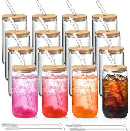 16 Pack Glass Cups with Lids and Straws 16 oz, Personalized Customizable Glasses by NETANY