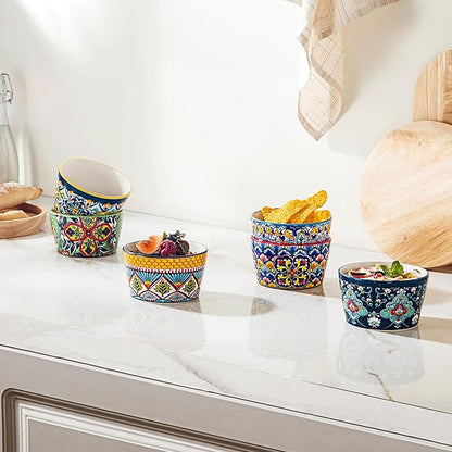 8 oz Ramekins Oven-Safe – Baking Cups for Creme Brulee, Puddings, Souffles, Custards, Ice Cream & Dips – Ceramic Single-Serve Bowls Set of 6, Bohemian Style