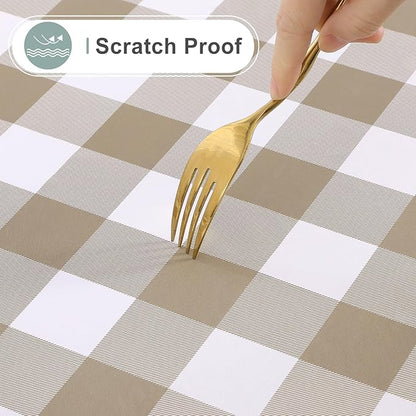 misaya Square Waterproof Vinyl Table Cloth, Buffalo Flannel Backed Tablecloth, Wipeable Plastic Table Cover for Dinner, Kitchen, Outdoor (54" x 54", Khaki and White)