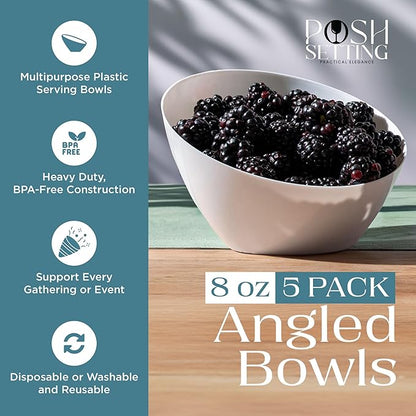 Posh Setting - White Plastic Serving Bowls for Party Angled Bowls Disposable Chip Bowls Candy Bowls for Party Table Salad and Fruit Bowls for Party Wedding Serving Bowls - White, 8 OZ, 5 Pack