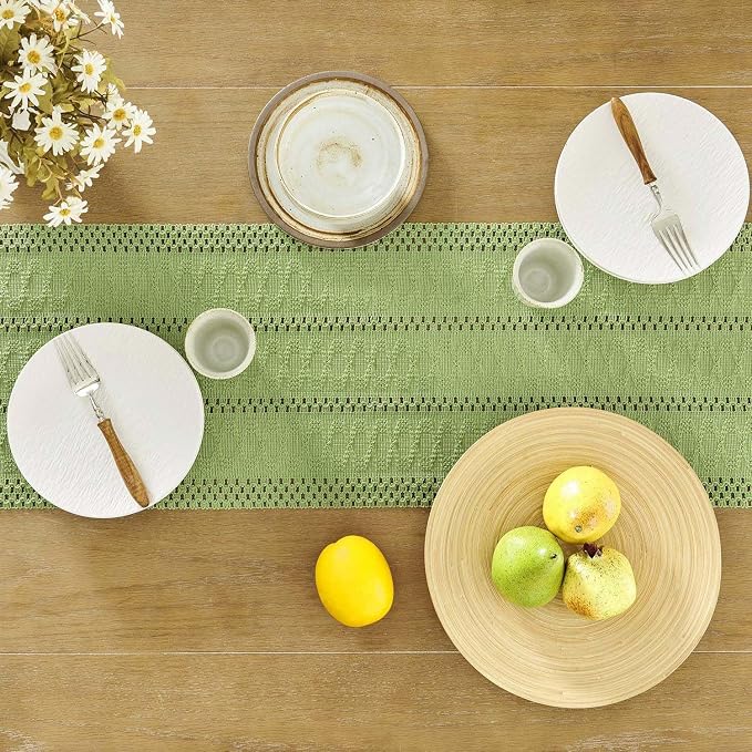Macrame Style Boho Table Runner, 12x90 Inch Green | Woven Boho Table Runner - Image 4