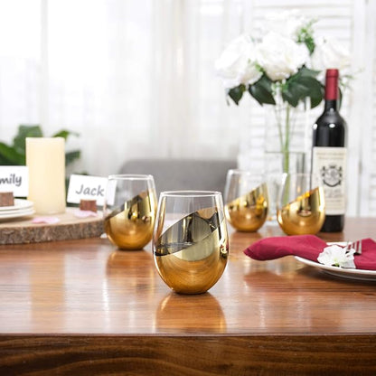 MyGift Luxury Stemless Wine Glasses Gift Set of 4 Modern Brass Accent Barware - Image 2