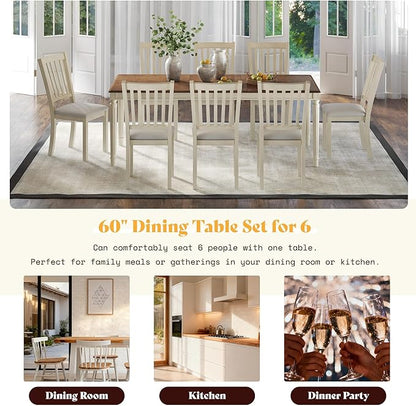 AMERLIFE 9-Piece Farmhouse Solid Wood Dining Table Set with 8 Upholstered Chairs, Roman Conical Legs, Seats up to 8, 79'' Dining Table & Chairs Set for Kitchen and Dining Room, Rustic Cream