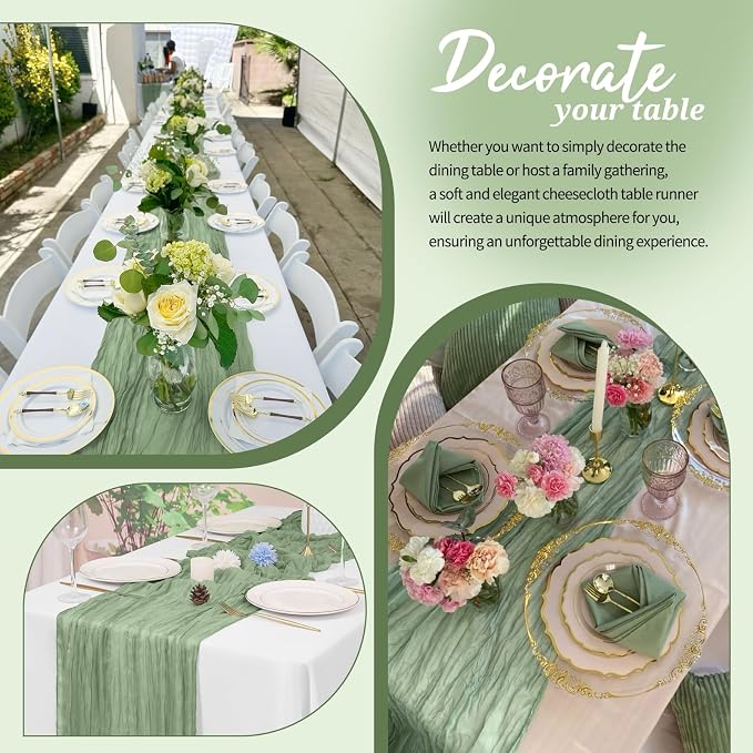 Pesonlook Cheesecloth Table Runner Sage Green, 20 Pack 17.7x108 inch, Long | - Image 4
