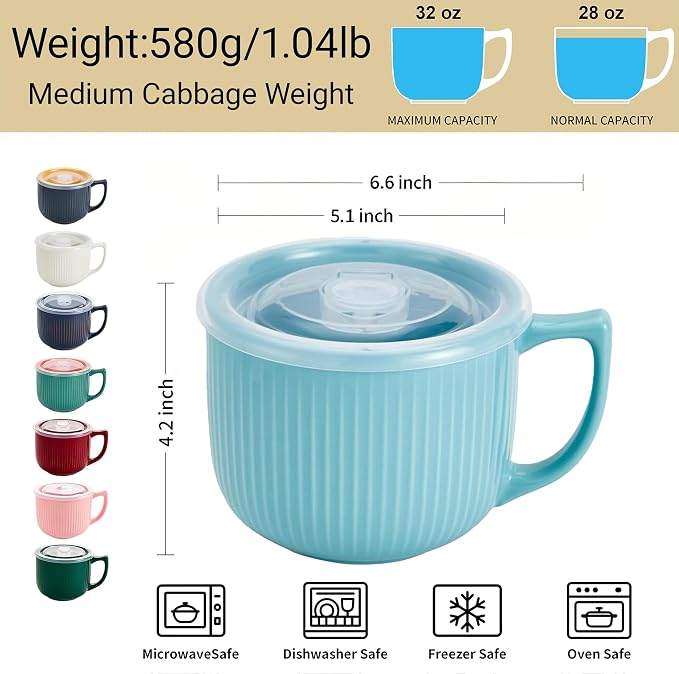 Ceramic Soup Bowl with Handle & Lid, Large 32oz Microwave Ramen Bowl Blue | - Image 3