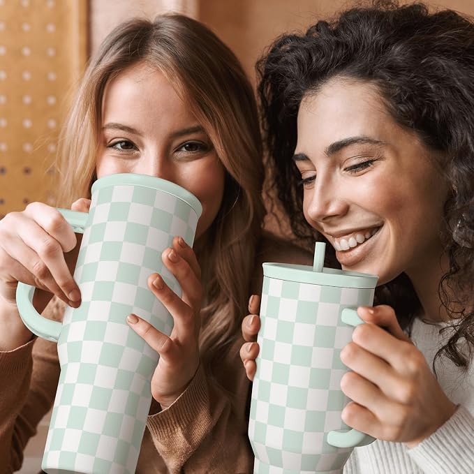 Checkered Tumbler with Handle 40oz, Mint Checker Cup Stainless Steel Insulated - Image 7