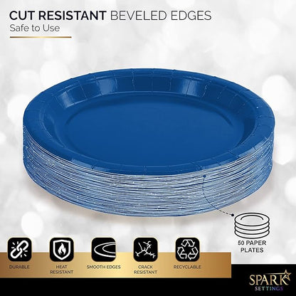 Disposable Paper Plates Royal Blue, 7 Inch Paper Dessert Plates, Strong and Sturdy Disposable Plate for Party, Dinner, Holiday, Picnic, or Travel Party Plate, Pack of 50