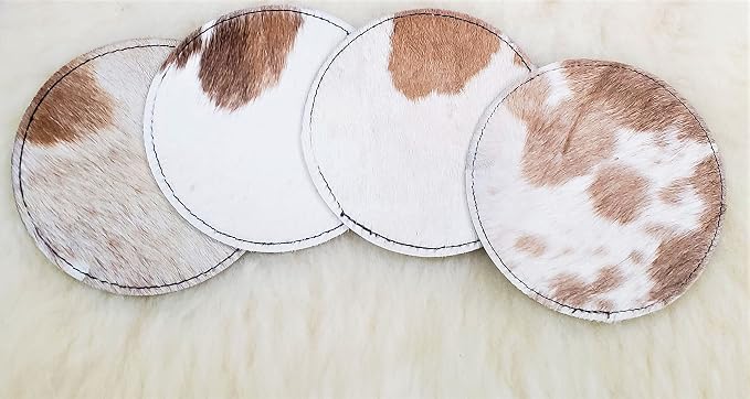 NGF Cowhide Coaster Set of 6 pcs Natural Cowhide Drink Coasters Hair On Round - Image 3