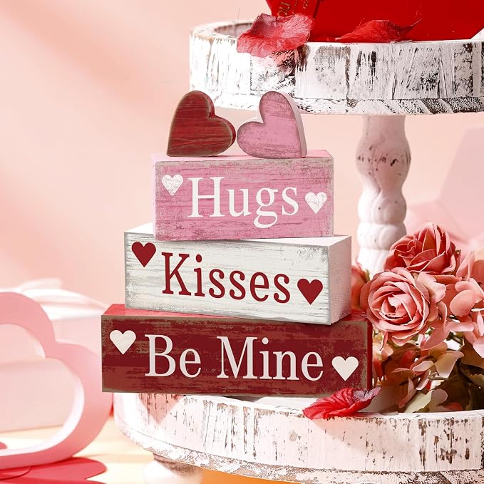Moucuny 4 Pcs Valentine's Day Table Decorations Wooden Heart Valentine Tiered - Image 5