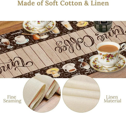 Coffee Time Table Runner, Retro Farmhouse Cafe Cup Tea Coffee Theme Wooden - Image 6