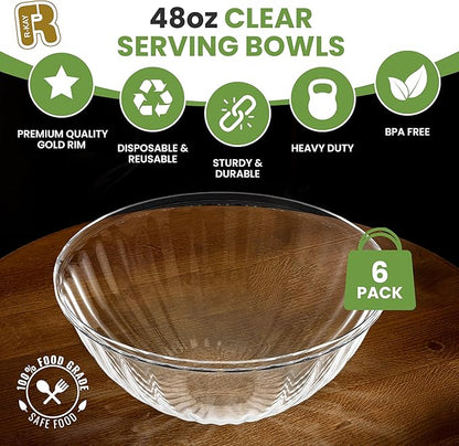 R-kay 6 Pack Plastic Serving Bowls - 48 Oz Clear Plastic bowls - Salad Bowls Large Serving - Premium Clear Disposable bowls Heavy Duty For Weddings Catering And Birthday parties