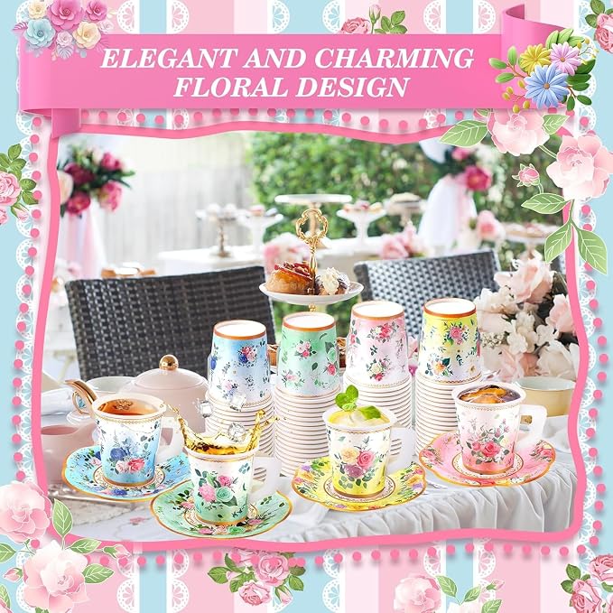 Jasni 168 Pcs Floral Paper Tea Cups and Saucers Set, Severs Disposable Tea - Image 4