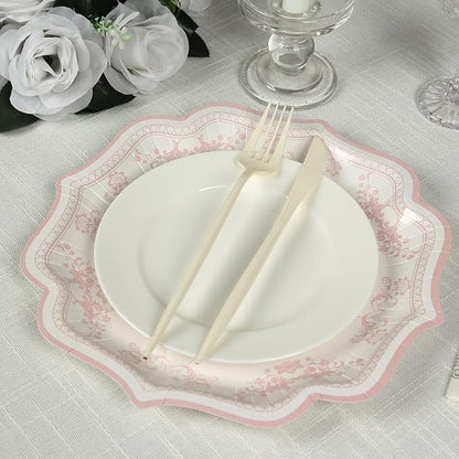 50 Pack 10" White Pink French Toile Dinner Plates, Disposable Round Paper Party Plates 300 GSM for Festive Table Decoration