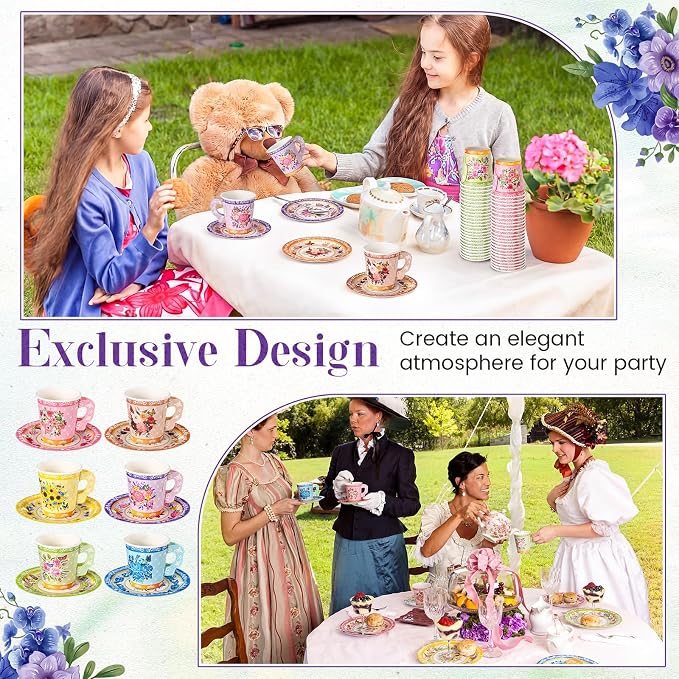Nuogo 300 Pcs Floral Paper Tea Cups and Saucers 7 OZ Disposable Cups - Image 6