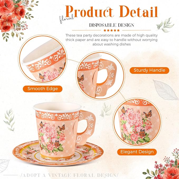 Nuogo 200 Pcs Floral Paper Tea Cups and Saucers 7 oz Disposable Paper Teacups - Image 3