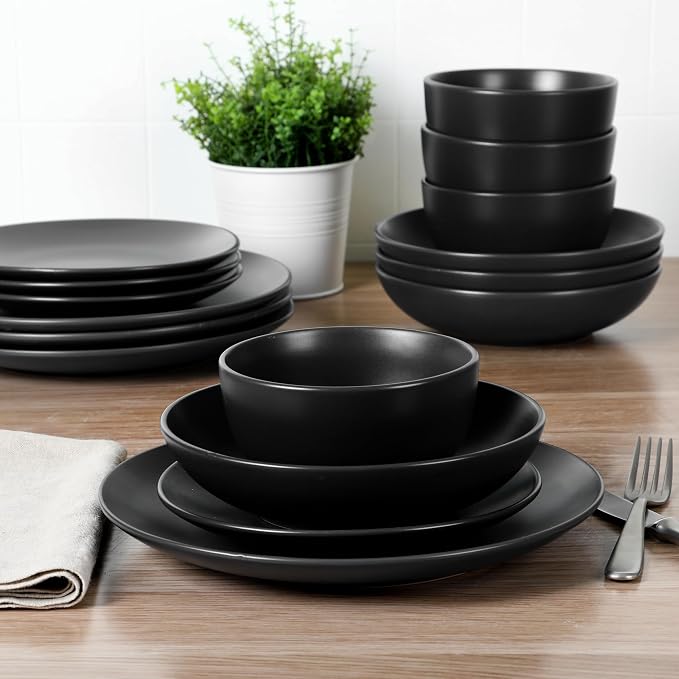 Gibson Home Queenslane 16-Piece Matte Black Stoneware Dinnerware Set – Double - Image 2