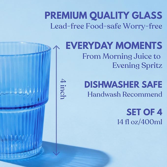 Blue Ribbed Drinking Glasses, 14 fl oz Glass Cups Set of 4 | Aesthetic Style - Image 3
