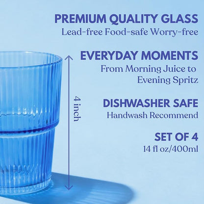 Blue Ribbed Drinking Glasses, 14 fl oz Glass Cups Set of 4 | Aesthetic Style - Image 3