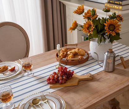 Caflife Boho Table Runner 90 Inchs Long Blue and Beige, Cotton and Linen Woven - Image 5