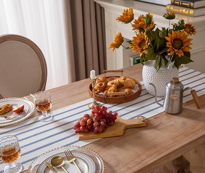 Caflife Boho Table Runner 108 Inchs Long Blue and Beige, Cotton and Linen Woven - Image 5