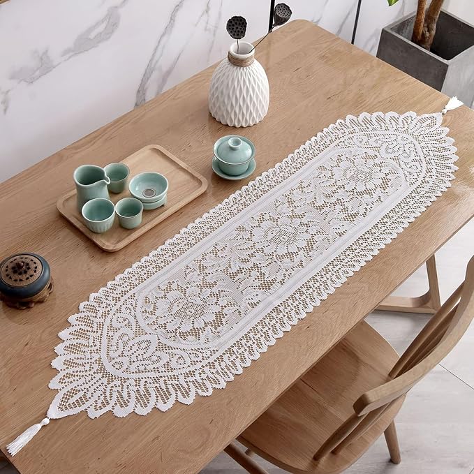 2Pcs Lace Table Runners with Tassels, Farmhouse Boho Doily Vintage Floral by RHVQ