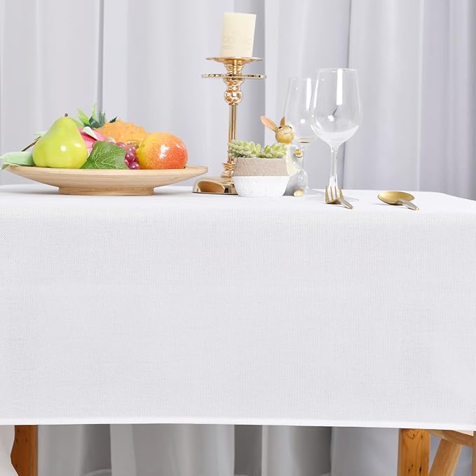 Hiasan 2 Pack Faux Linen Rectangle Tablecloth - Wrinkle and Stain Resistant Washable Table Cloth for Kitchen Dining Room Holiday Table Cover for Party Dinner, White, 54 x 80 Inch