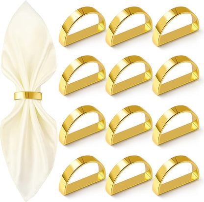 Gold Napkin Rings Set of 12, Semicircle Metal Bright Gold Napkin Holder Buckles, Fall Thanksgiving Christmas Napkin s Rings for Dinner Table Decor, Wedding, Banquet, Party, Easter