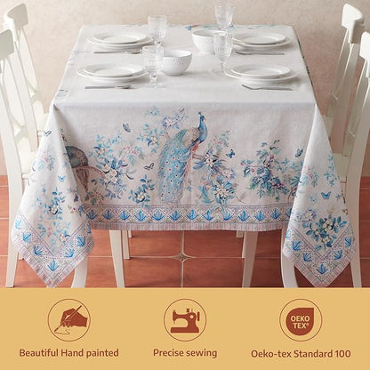 Maison d' Hermine Premium Table Cloth Rectangle Table 100% Combed Cotton 140 x 70 Inches Tablecloth Reusable Decorative for Dining Room, Farmhouse, Party, Festive & Wedding - Peacock Utopia - Orginal