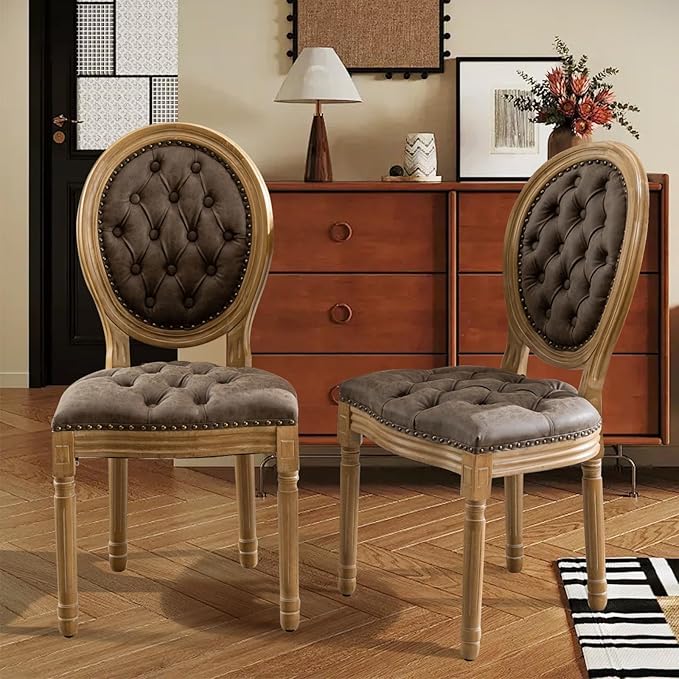 SoarFlash French Dining Chairs Set of 4, Vantage Dining Chair with Round Back, Farmhouse Country PU Leather Dining Chair for Kitchen,Bedroom,Brown