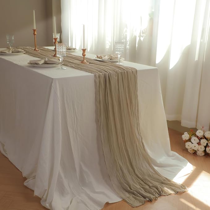 Snowkingdom Nude Brown Cheesecloth Table Runner Taupe Light Tan 120 Inch Long - Image 2