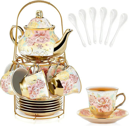20 Pcs Porcelain Tea Set with Metal Holder, European Ceramic Tea Set by Hebaogugu