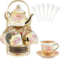 20 Pcs Porcelain Tea Set with Metal Holder, European Ceramic Tea Set by Hebaogugu