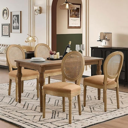 SoarFlash French Dining Chairs Set of 4, Vantage Dining Chair with Round Back, Wood Leg Farmhouse Country Rattan Dining Chair for Kitchen,Bedroom,Brown