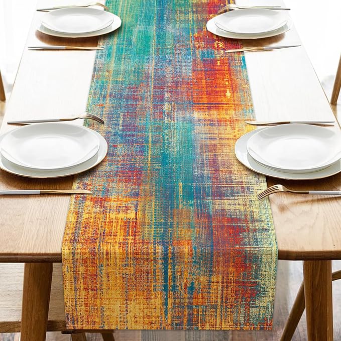 Vintage Blue Orange Dining Table Runner, Retro Abstract Messy Rust | Painting by Croar